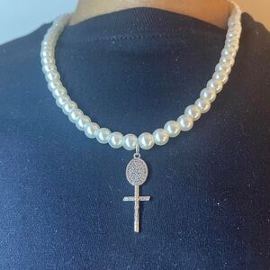 Y2K Gothic Silver Cross on a White pearl necklace , Saint Benedict Cross